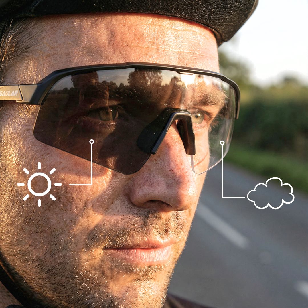 Cyclist wearing SAOLAR photochromic sports sunglasses adjusting to sun and clouds, ensuring clear vision, adaptive tint, outdoor performance and comfort.