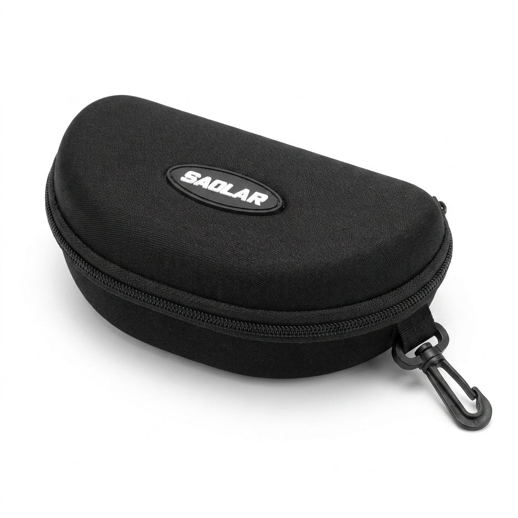Premium SAOLAR hard-shell sunglasses case in black, featuring a durable EVA exterior, smooth zipper closure, embossed SAOLAR logo, and integrated carabiner clip for easy attachment.