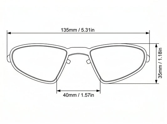 SAOLAR prescription frame size designed for comfort and precision, featuring 135mm width, 40mm bridge, and 35mm lens height. Ideal for secure fit and optimal vision, this lightweight optical insert ensures stability inside sports sunglasses. Perfect for cycling, outdoor performance, and everyday use with clear, distortion-free prescription support.