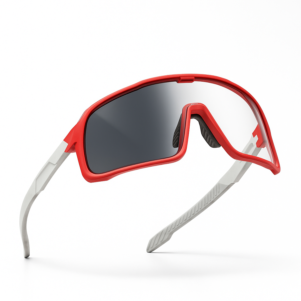 Red and white SAOLAR ShadeLane Cappadocia performance sports sunglasses with photochromic lens, lightweight aerodynamic frame, and adjustable nose pads.