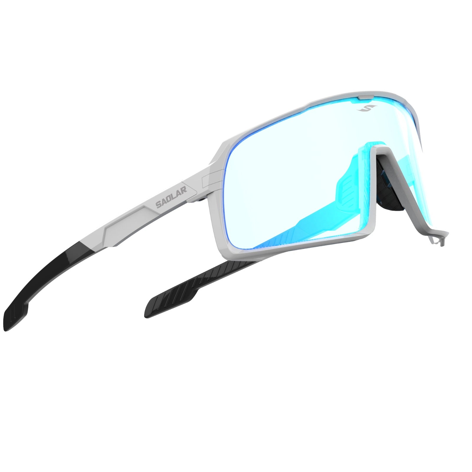 Shadelane Ice by SAOLAR combines photochromic blue lenses, UV400 protection, and precision fit, perfect cycling sunglasses for clarity and comfort.