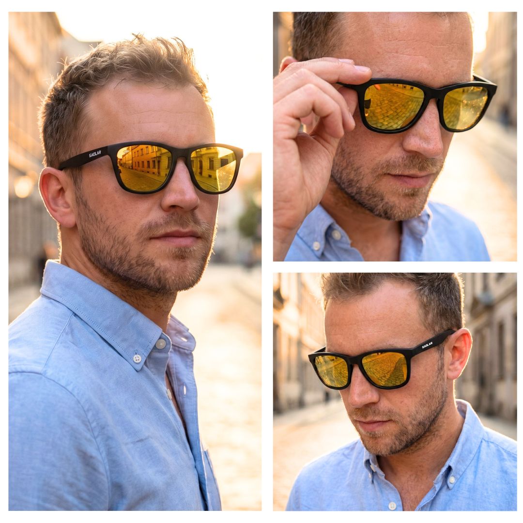 SAOLAR Solstice polarized sunglasses for men, buy online. Yellow mirror-coated lenses reflect warm architecture and golden hour light. Lightweight black frame with UV400 protection and glare reduction. Ideal for driving, travel, and outdoor activities. Premium polarized sunglasses, affordable price, shop now, fast shipping, high-quality men’s sunglasses.