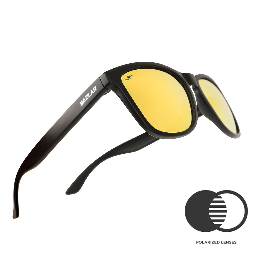 SAOLAR Solstice Polarized Black sunglasses with yellow lenses on a white background - photoshoot lightbox