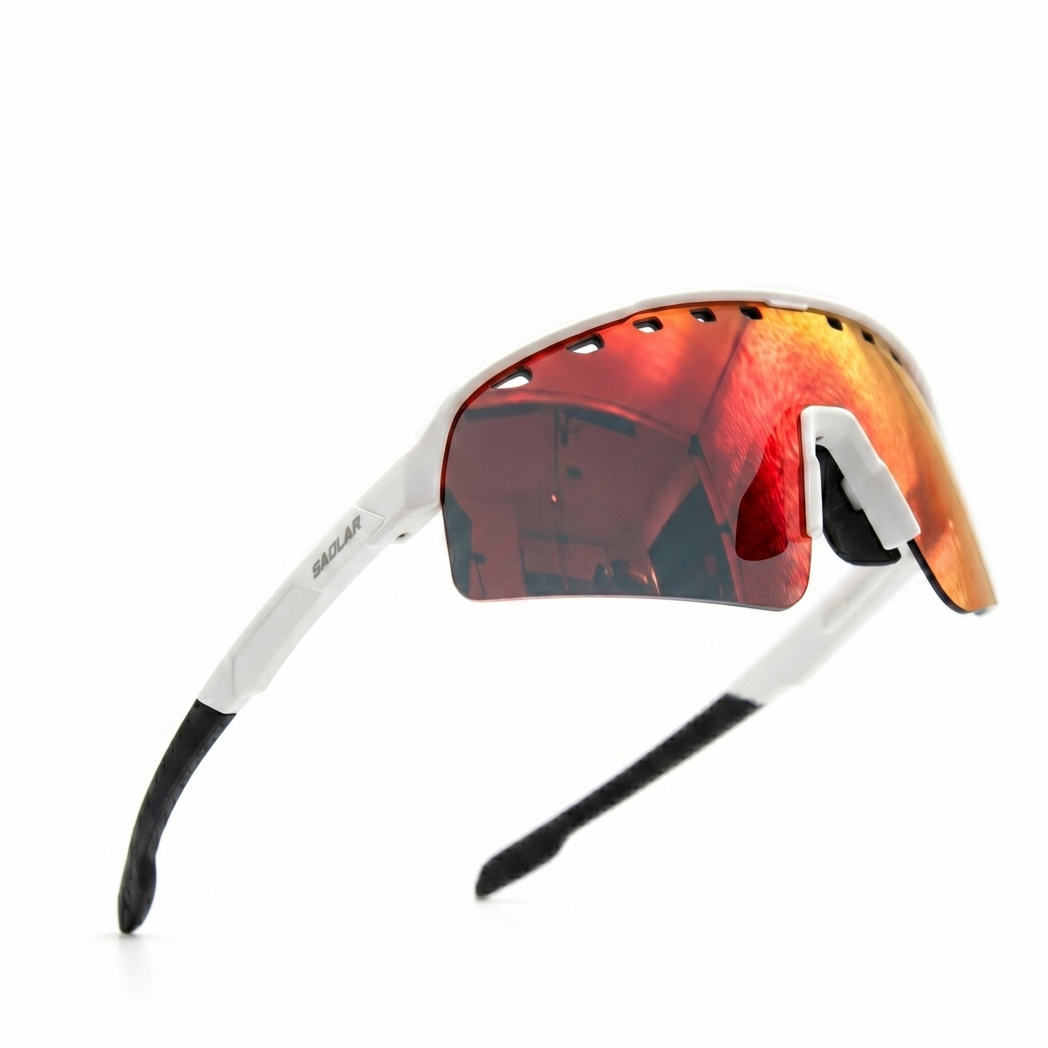 SAOLAR Stratos Kingsnake photochromic sports sunglasses with full revo red mirror lenses and aerodynamic shield design. Features integrated ventilation holes for airflow, lightweight white frame, and rubberized black temples for enhanced grip and comfort during cycling, running, and outdoor performance activities. UV400 protection with modern wraparound sports eyewear styling.