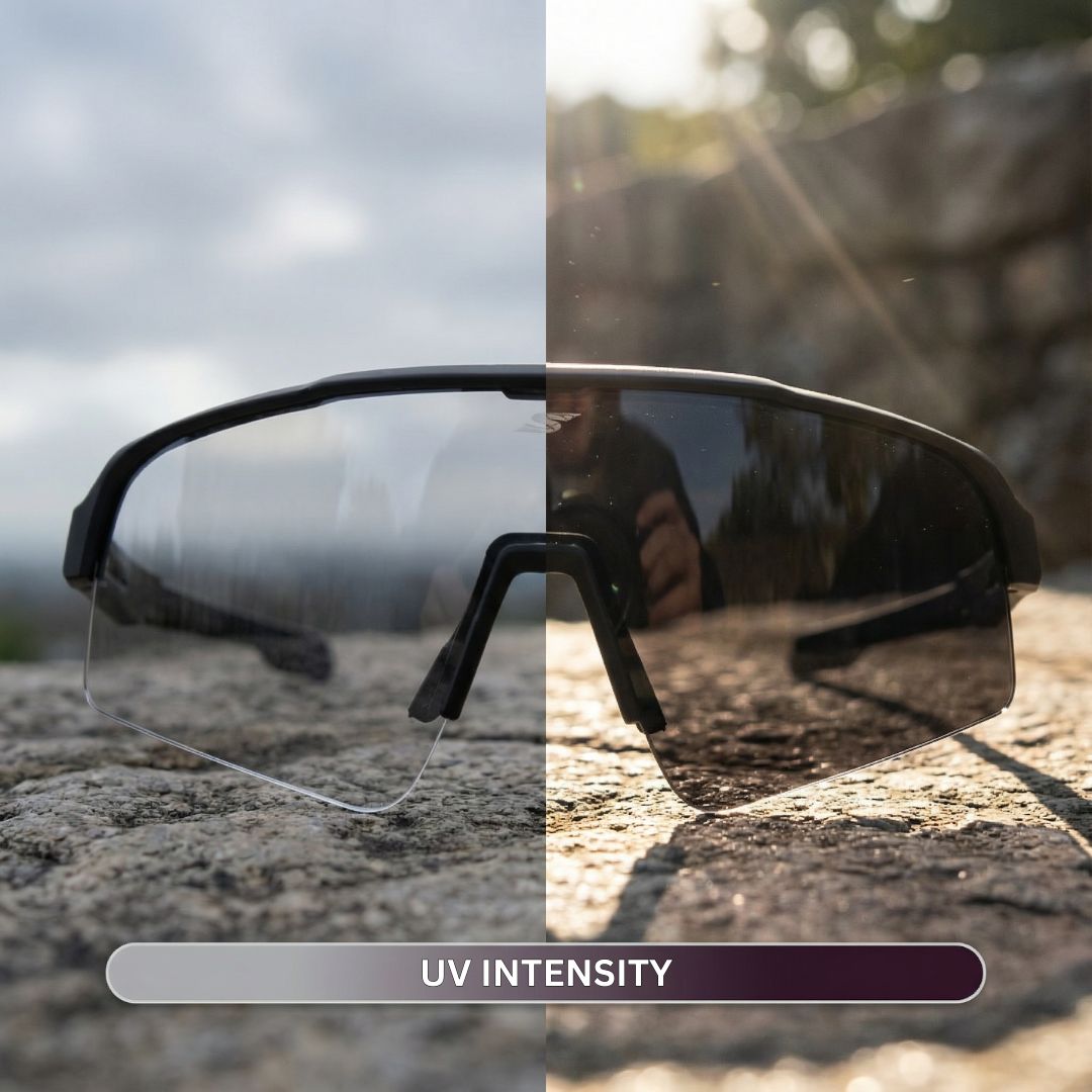 SAOLAR Stratos photochromic sports sunglasses showing UV-activated clear-to-dark transition, adaptive cycling lens technology for superior clarity in changing light.