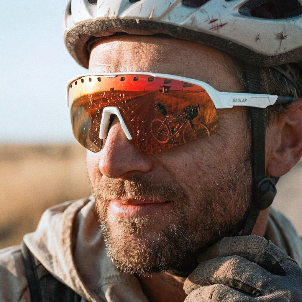 Close-up portrait of a rugged bikepacker wearing SAOLAR Stratos Kingsnake photochromic sport sunglasses with white frame and red Full Revo mirror lenses, reflecting a loaded gravel bike on a dusty backroad at sunset. Lightweight wraparound cycling eyewear with UV400 protection, anti-fog ventilation, and adventure-ready style for gravel and bikepacking.