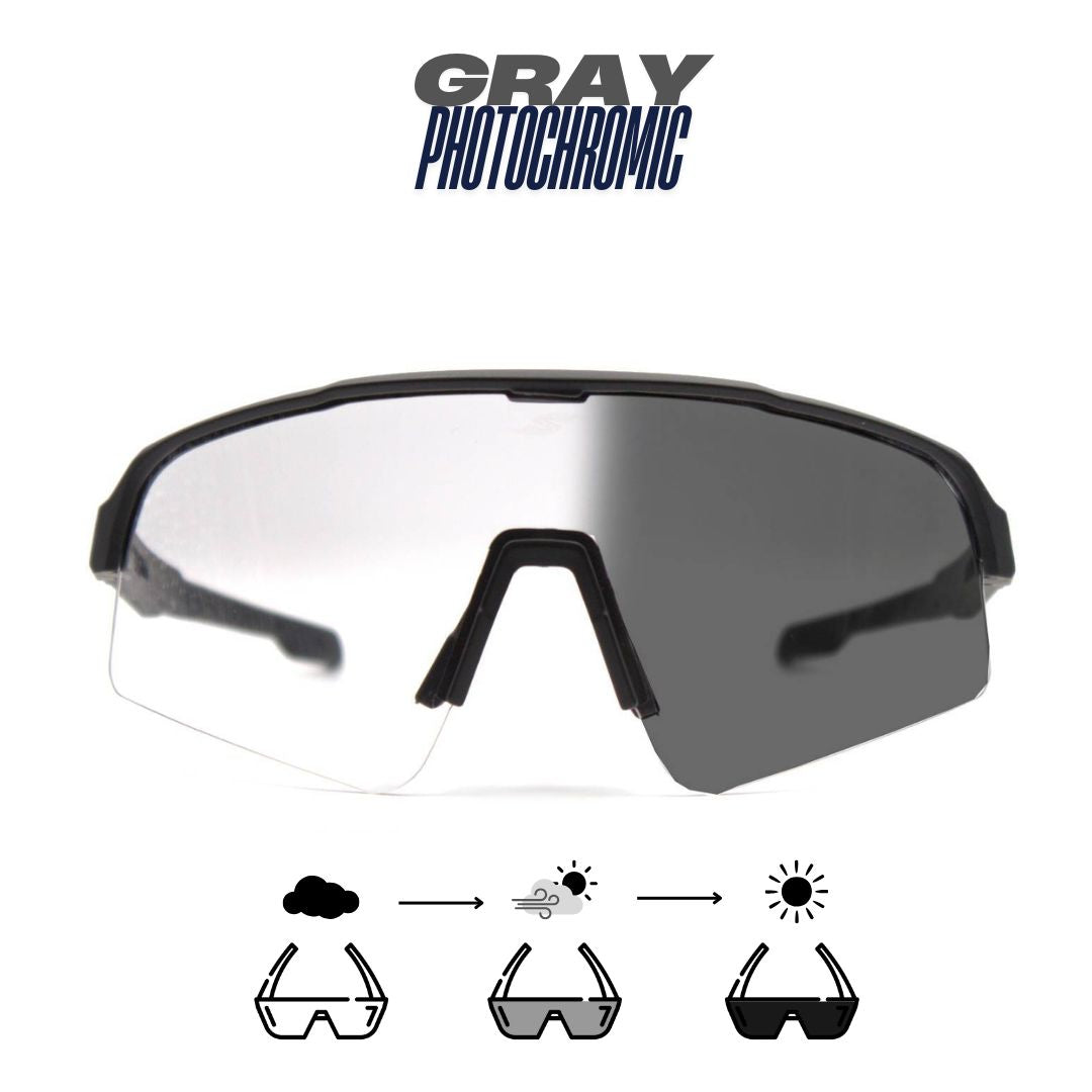 Front view: SAOLAR Stratos sport sunglasses with gray photochromic lenses, semi-rimless wraparound aerodynamic design.