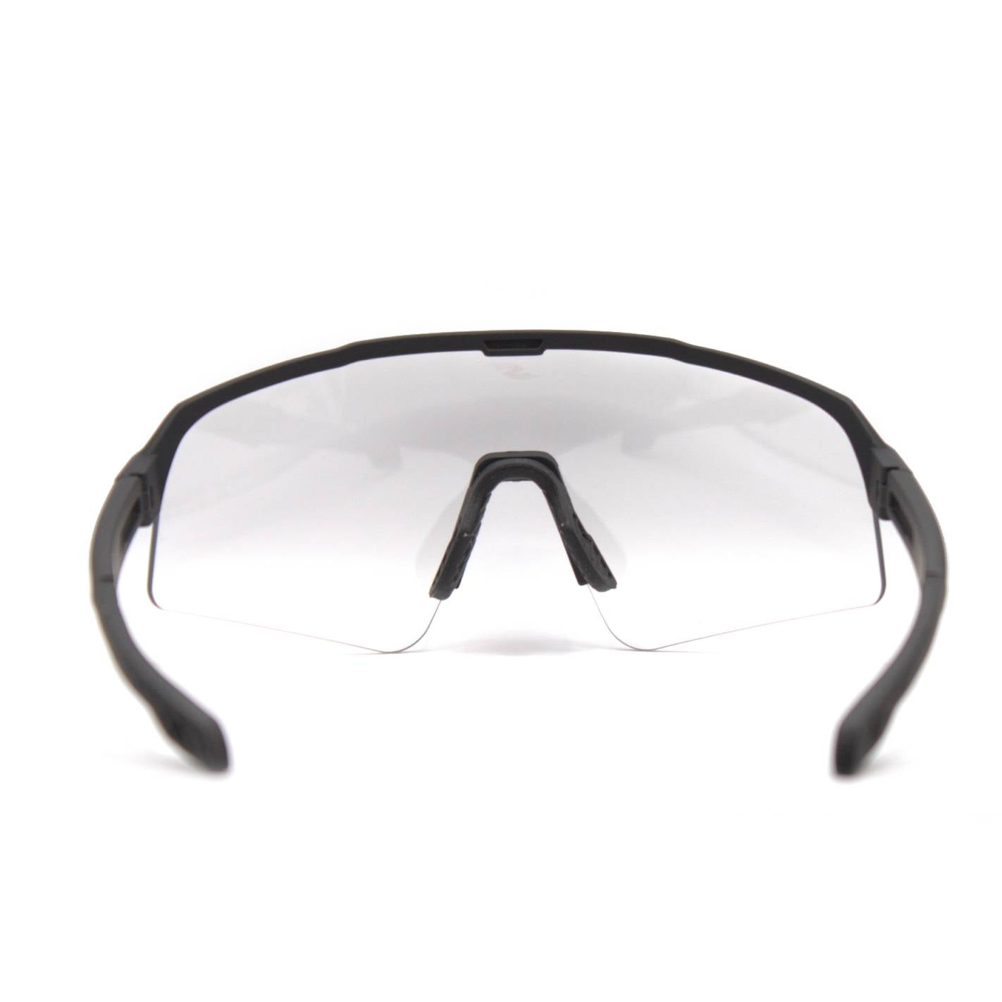 Back view: SAOLAR Stratos sport sunglasses with gray photochromic lenses, semi-rimless wraparound aerodynamic design.