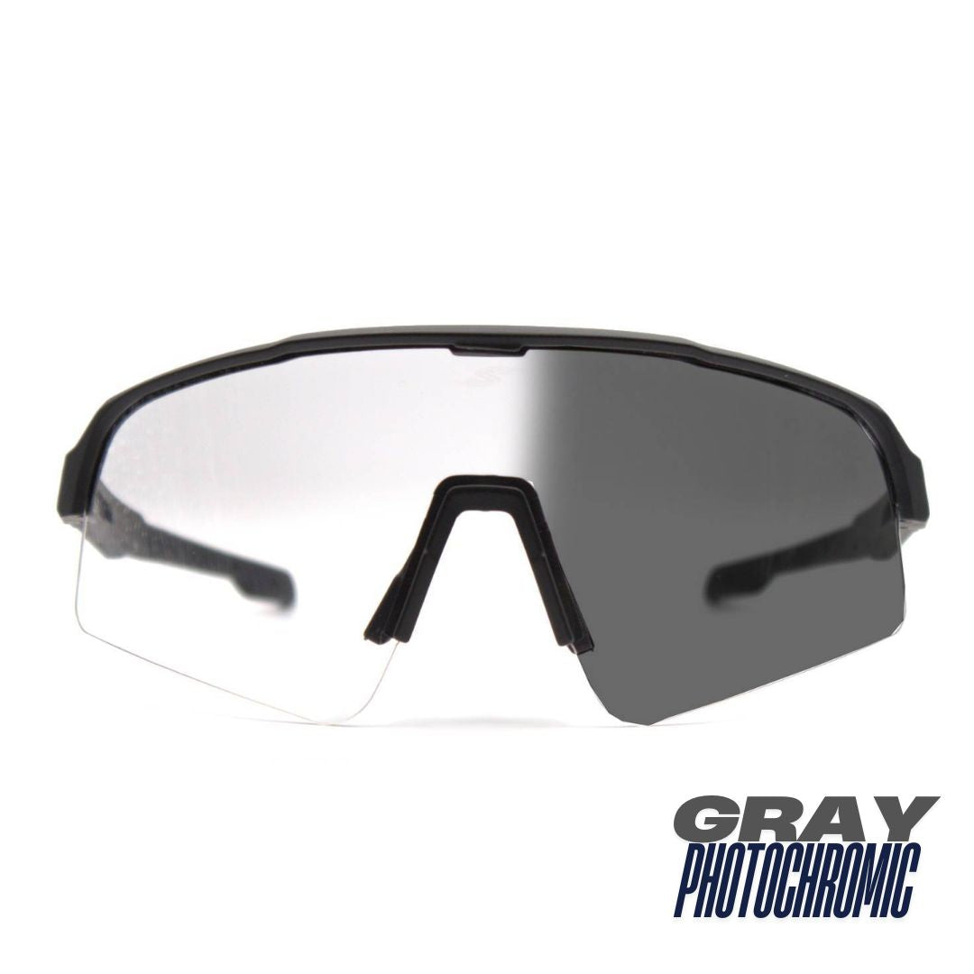 Front view: SAOLAR Stratos sport sunglasses with gray photochromic lenses, semi-rimless wraparound aerodynamic design.