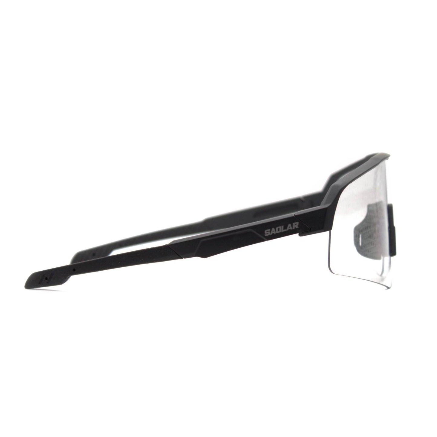 Side view: SAOLAR Stratos sport sunglasses with gray photochromic lenses, semi-rimless wraparound aerodynamic design.