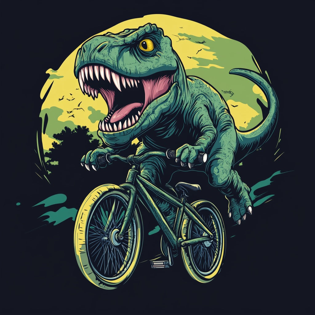 Fierce T-Rex on a bike with a bold moonlit background, bringing humor and style to this 100% cotton tee.