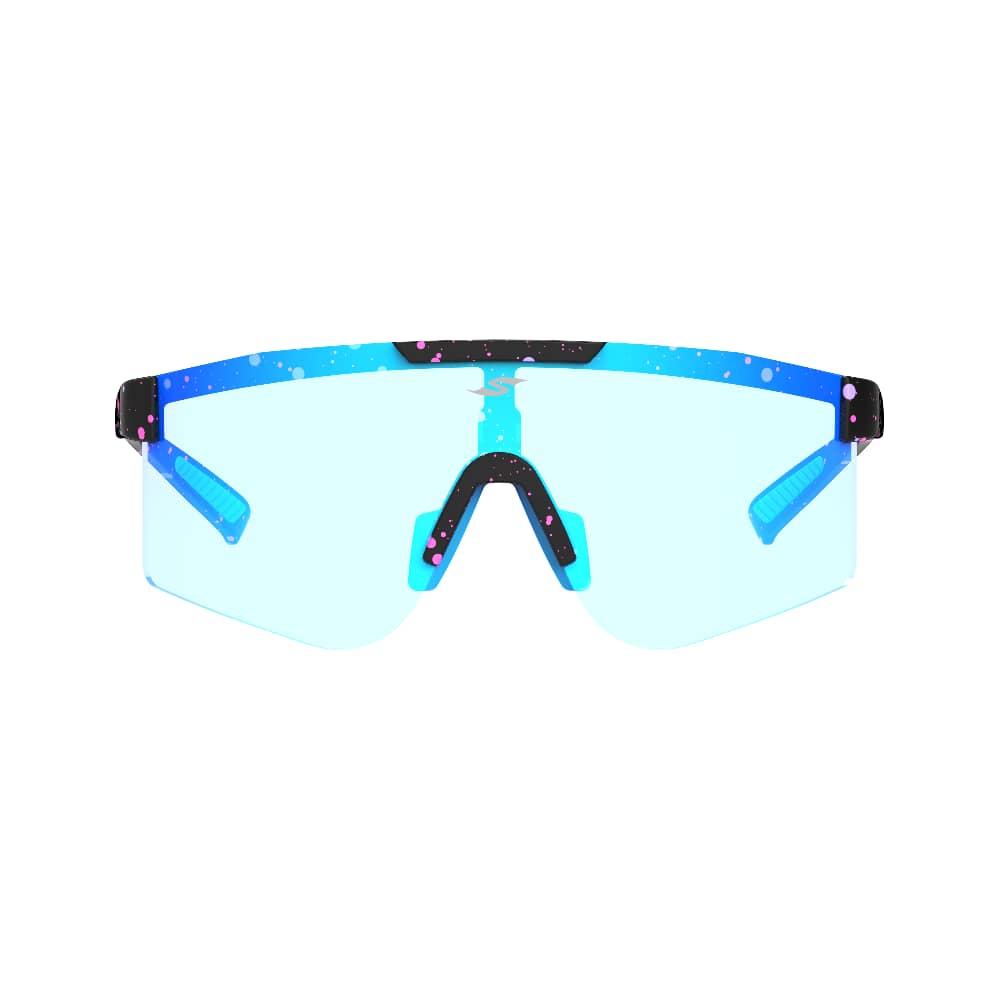 SAOLAR Tundrake blue photochromic sunglasses with wide single shield lens, black splatter frame design, and adjustable nose pads.