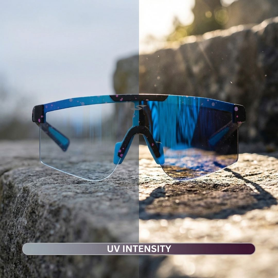 SAOLAR Tundrake photochromic sports sunglasses showing clear-to-dark UV transition, adaptive blue-tint lens technology for cycling clarity and outdoor performance.