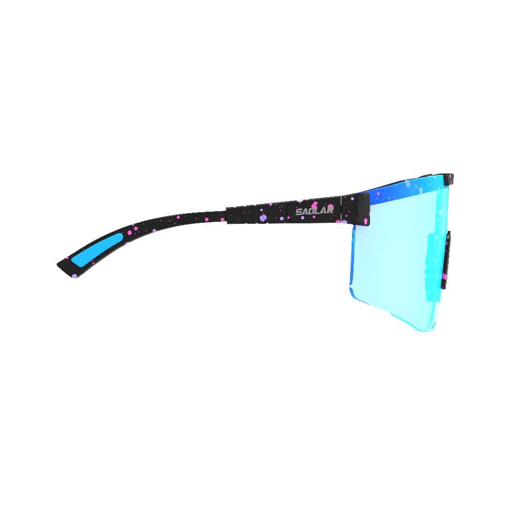 Side view of SAOLAR Tundrake blue photochromic sunglasses showing black frame with pink-purple splatter design and straight temple arms.