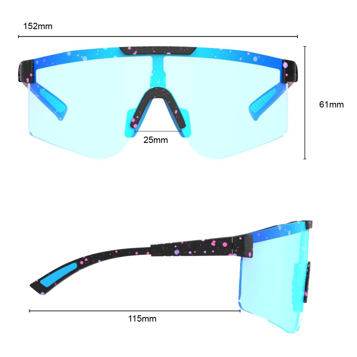 SAOLAR Tundrake photochromic sunglasses in blue with measurements: 152mm width, 61mm height, 25mm bridge, 115mm temple length.