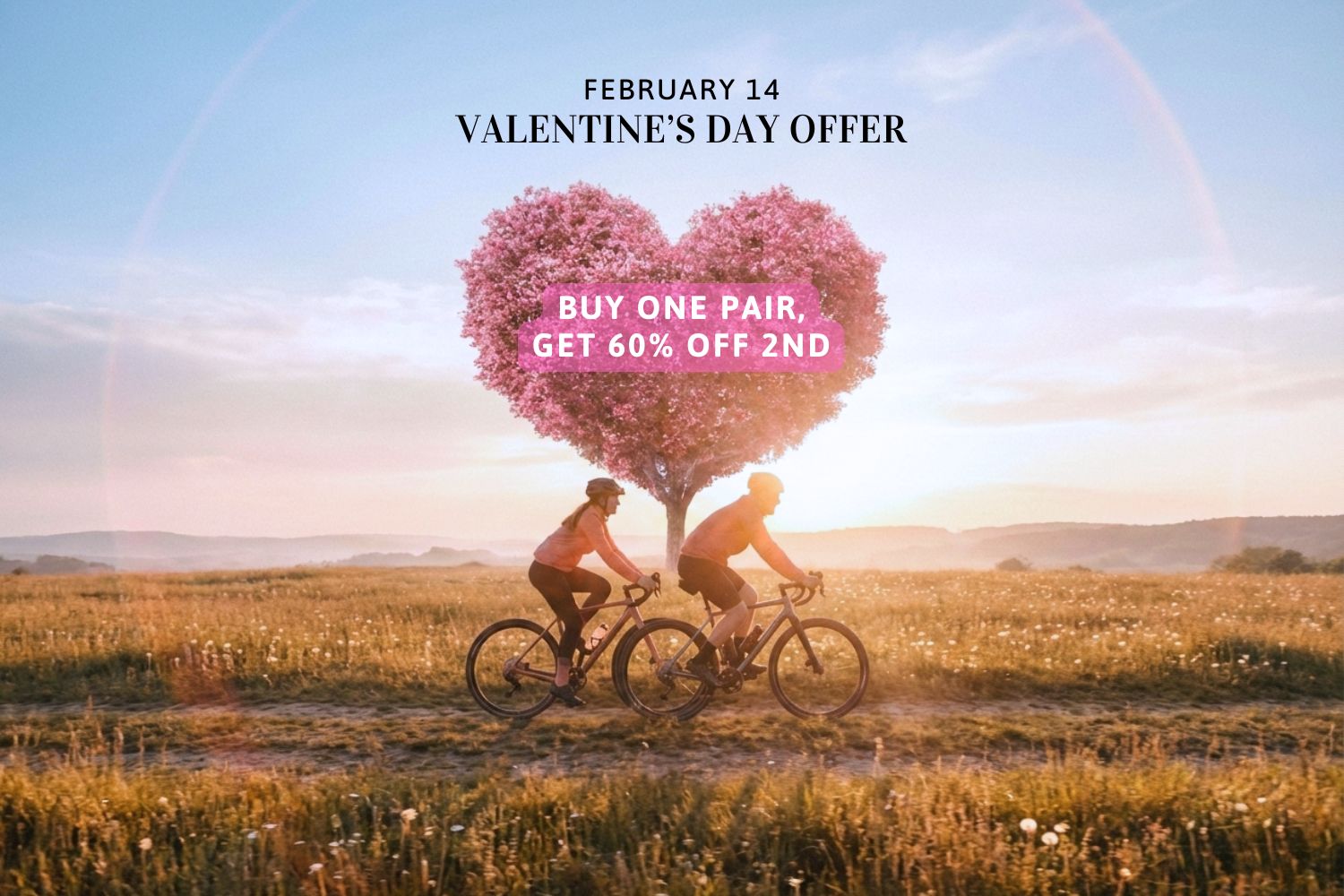 Valentine’s Day cycling banner showing a couple riding bikes beneath a heart-shaped tree, promoting SAOLAR offer buy one pair get 60% off second.