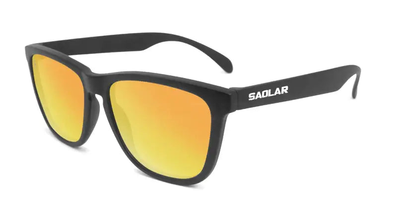 SAOLAR Solstice Polarized  Sunglasses with black frame and orange lenses on a white background