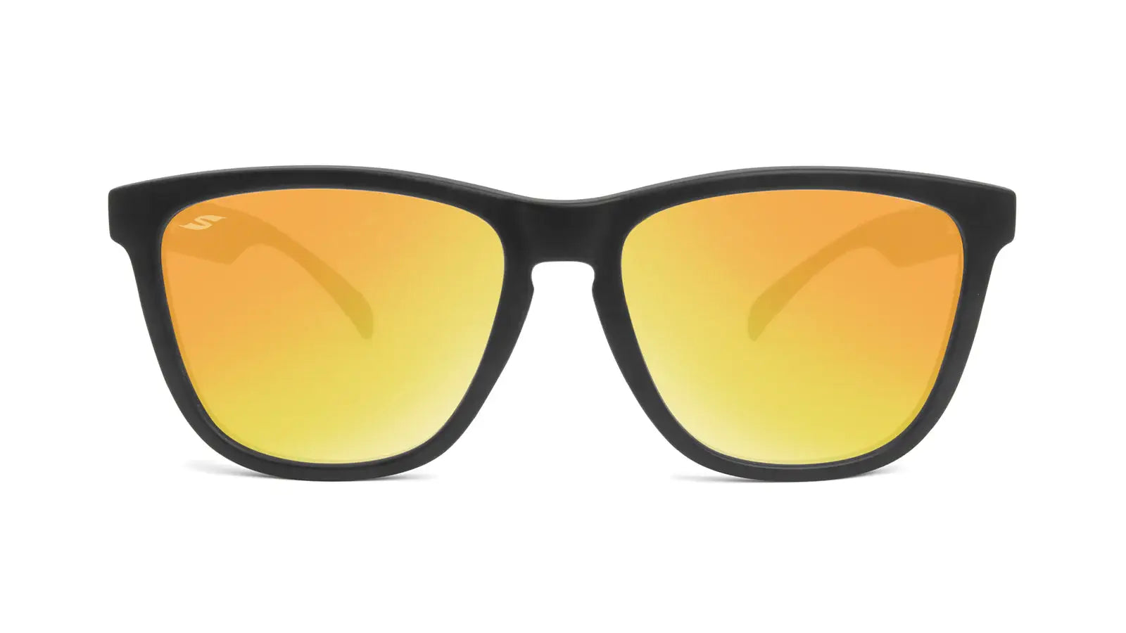 SAOLAR Solstice Polarized  Sunglasses with black frame and orange lenses on a white background - Front view
