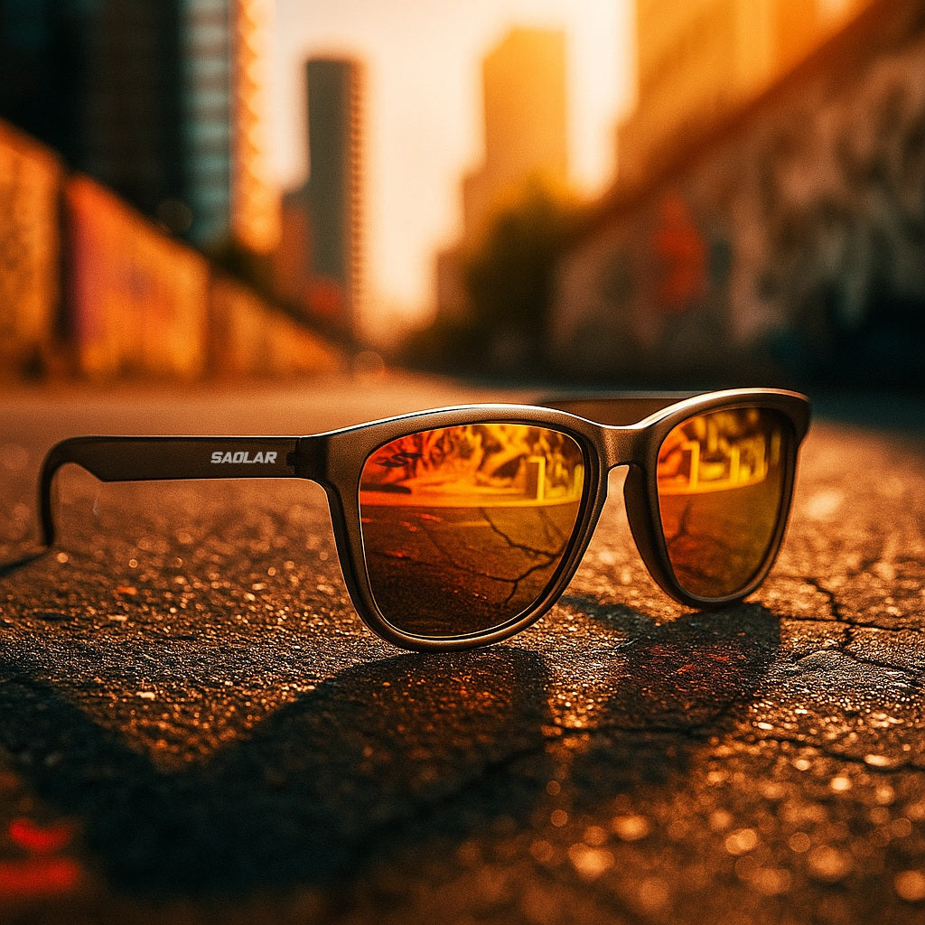 SAOLAR Asfalto sunglasses with polarized sunset-gold mirrored lenses placed on asphalt street, urban city skyline glowing at golden hour background.
