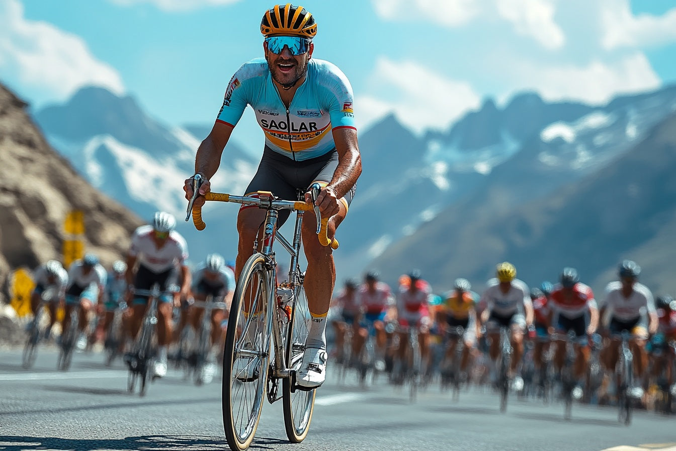 Cyclist in SAOLAR jersey racing through mountainous terrain, wearing yellow helmet, sunglasses, and smiling.